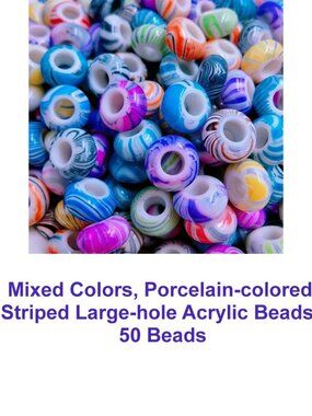 Mixed Colors, Porcelain-colored Striped Large-hole Acrylic Beads  50 Beads